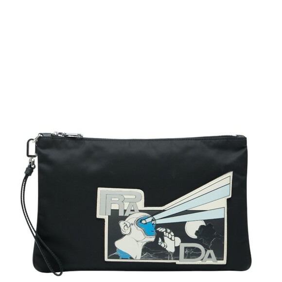Prada Monkey Robot Clutch Bag Second Black Multicolored Nylon Saffiano Lea...